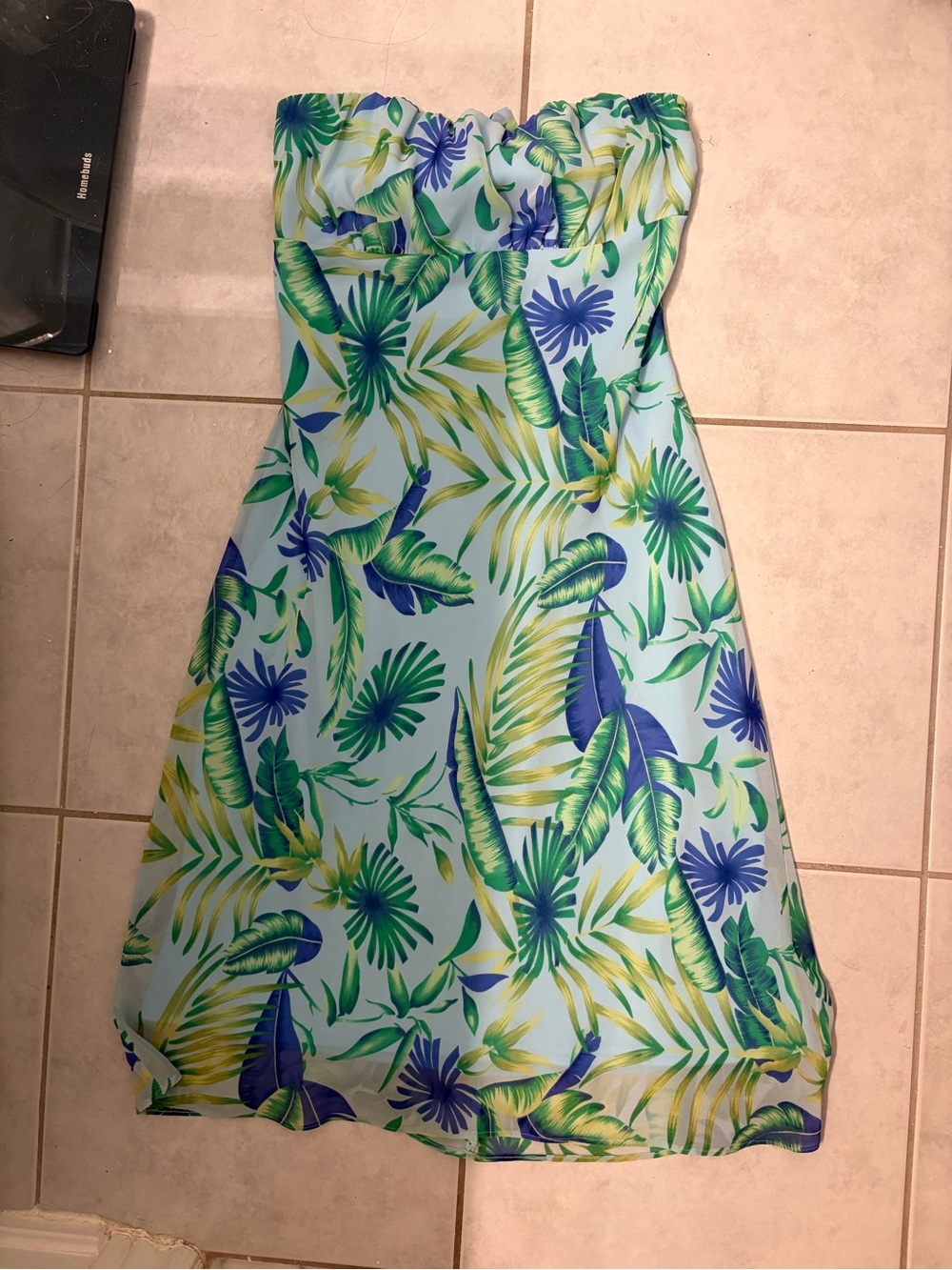 Blind Date Tropical Strapless Dress in Aqua & Green